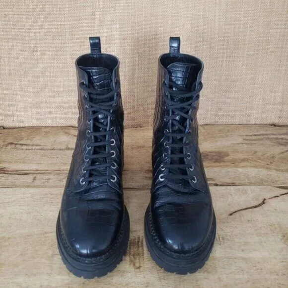 Napoleoni Black Leather Croc-Emboss Lace Up Combat Moto Chunky Sole EU 38 / US 8